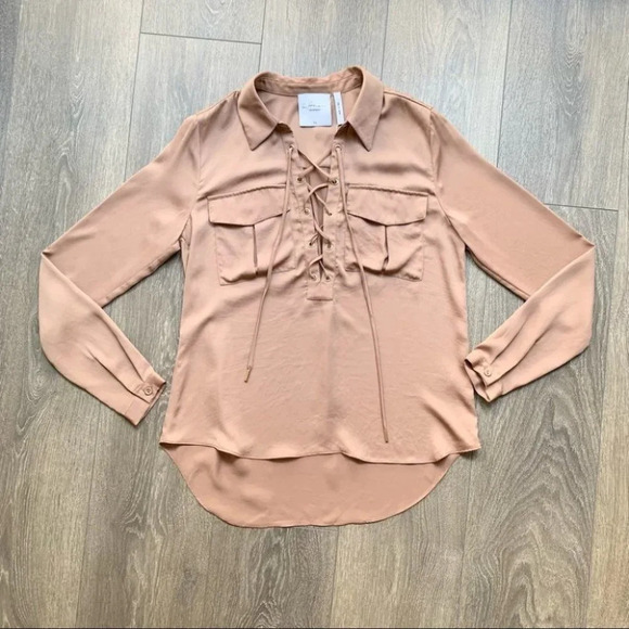 L'Academie Revolve Safari Blouse Camel Lace Up Tie Front Satin long sleeve XS - Picture 2 of 15